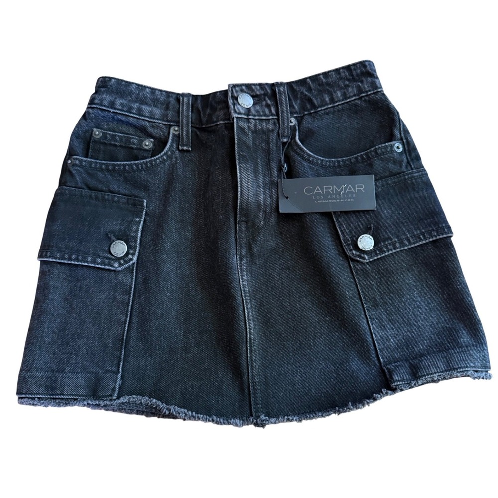 NWT Carmar Denim Colin Black‎ Cargo Mini Skirt Raw Hem Non-Stretch Size 25